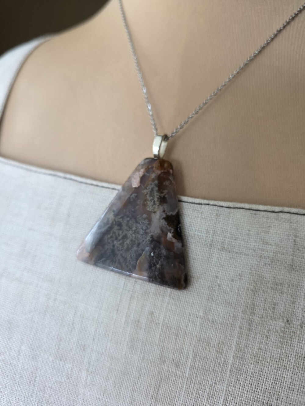 Large Natural Moss Agate Statement Pendant Necklace 18" Silver Chain Crystal - Picture 3 of 10